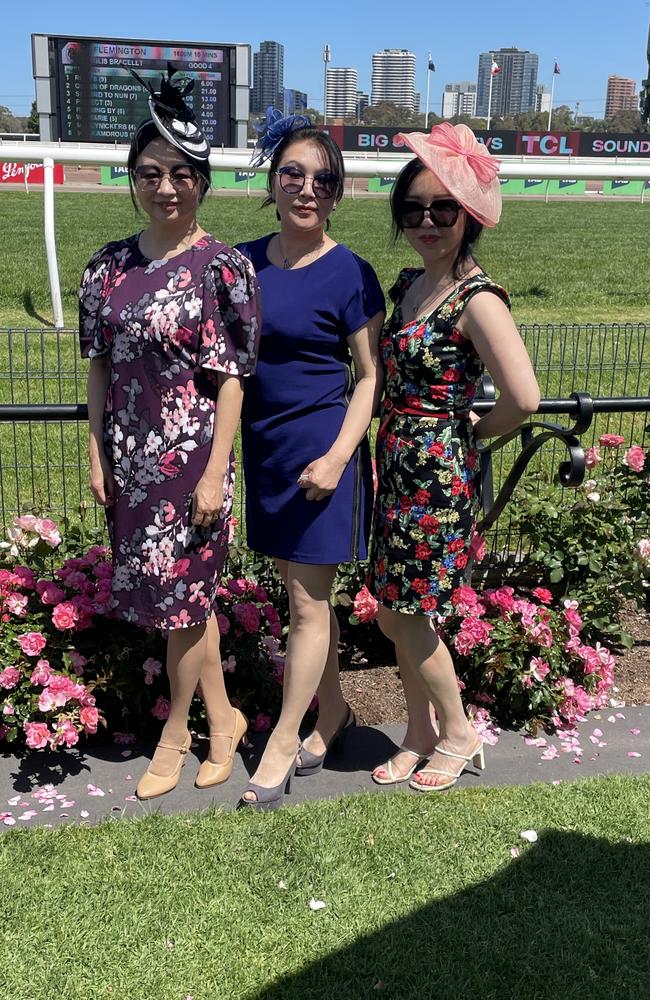 Jie, Ming and Li at the 2024 Crown Oaks Day, held at Flemington Racecourse. Picture: Gemma Scerri