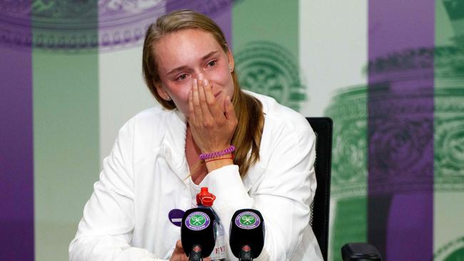 Kazakhstan's Elena Rybakina reacts as she gives a press conference in the Main Interview Room after winning against Tunisia's Ons Jabeur in their women's singles final tennis match on the thirteenth day of the 2022 Wimbledon Championships at The All England Tennis Club in Wimbledon, southwest London, on July 9, 2022. (Photo by Joe TOTH / various sources / AFP) / RESTRICTED TO EDITORIAL USE