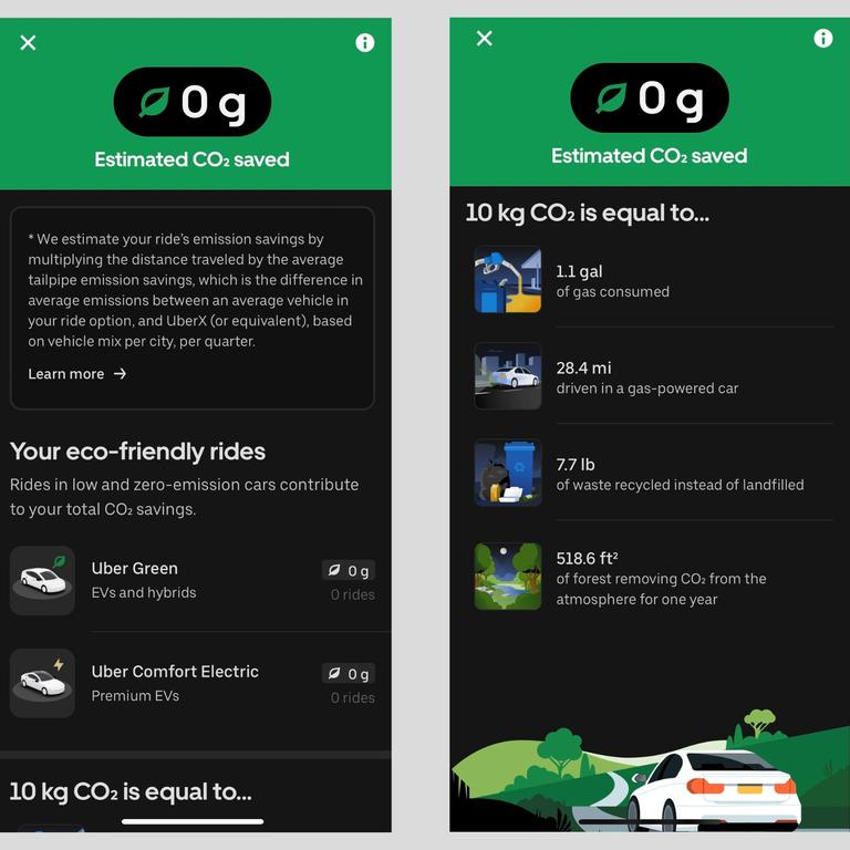 The carbon dioxide-savings screen which Uber users can now see, telling them how much pollution their rides have saved. Picture: Uber