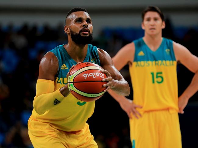 Patty Mills #5 led the Boomers in scoring against Lithuania.