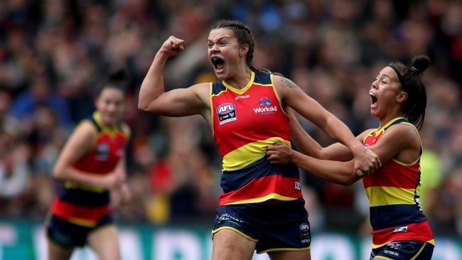 Anne Hatchard celebrates the Crows’ first goal during the AFLW Grand Final against Carlton. Picture: AAP