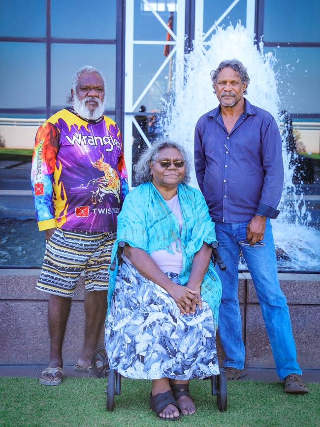 TO's Tom Hume, Janet Gregory and Johnny Wilson are part of a group of traditional owners in town to speak to politicians and have a conference about protecting sacred sites from fracking. Picture: Glenn Campbell