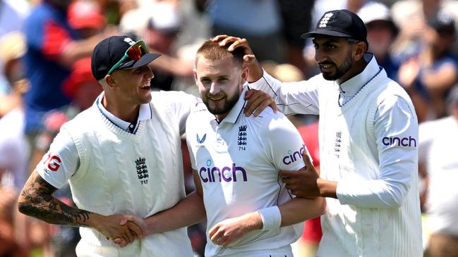 WELLINGTON, NEW ZEALAND - DECEMBER 07: Gus Atkinson of England celebrates the wicket of Tim Southee of the New Zealand Black Caps during day two of the Second Test match in the series between New Zealand and England at Basin Reserve on December 07, 2024 in Wellington, New Zealand. (Photo by Hannah Peters/Getty Images)