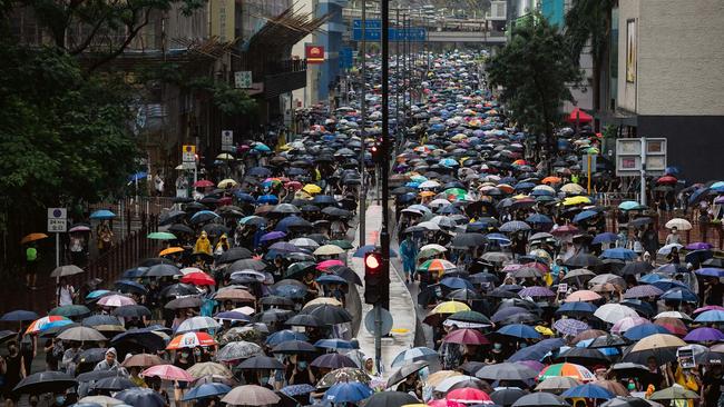 Demonstrators in the Tsuen Wan district of Hong Kong, August 25. Picture: Paul Yeung/Bloomberg via Getty Images