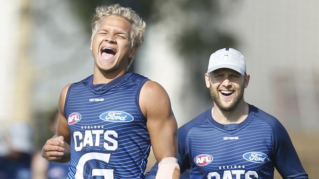 Friendly running rivalry between Quinton Narkle and Gary Ablett.  Geelong Cats training at Deakin UniversityÕs Elite Sports Precinct. Picture: Alan Barber