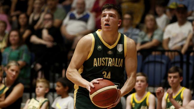 BENDIGO, AUSTRALIA - FEBRUARY 22: Dejan Vasiljevic of Australia shoots from the arc during the FIBA Asia Cup 2025 Qualifying match between Australia Boomers and Korea at Red Energy Arena on February 22, 2024 in Bendigo, Australia. (Photo by Daniel Pockett/Getty Images)