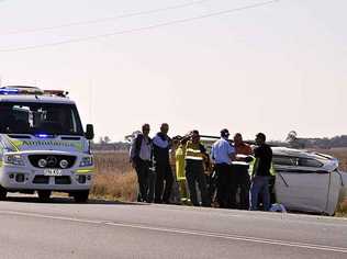 Emergency services at the scene of a fatal traffic crash 10km east of Dalby on the Warrego Hwy.