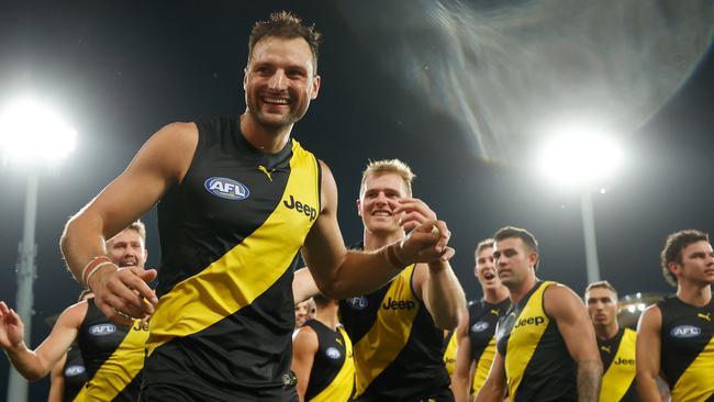 Richmond ruckman Toby Nankervis celebrates the semi-final over St Kilda.