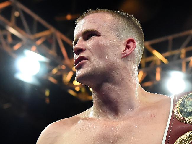 BRISBANE, AUSTRALIA - JUNE 29: Liam Wilson celebrates victory after his bout with Matias Rueda during the Super Featherweight bout between Liam Wilson and Matias Carlos Adrian Rueda at Brisbane Convention & Exhibition Centre on June 29, 2022 in Brisbane, Australia. (Photo by Albert Perez/Getty Images)