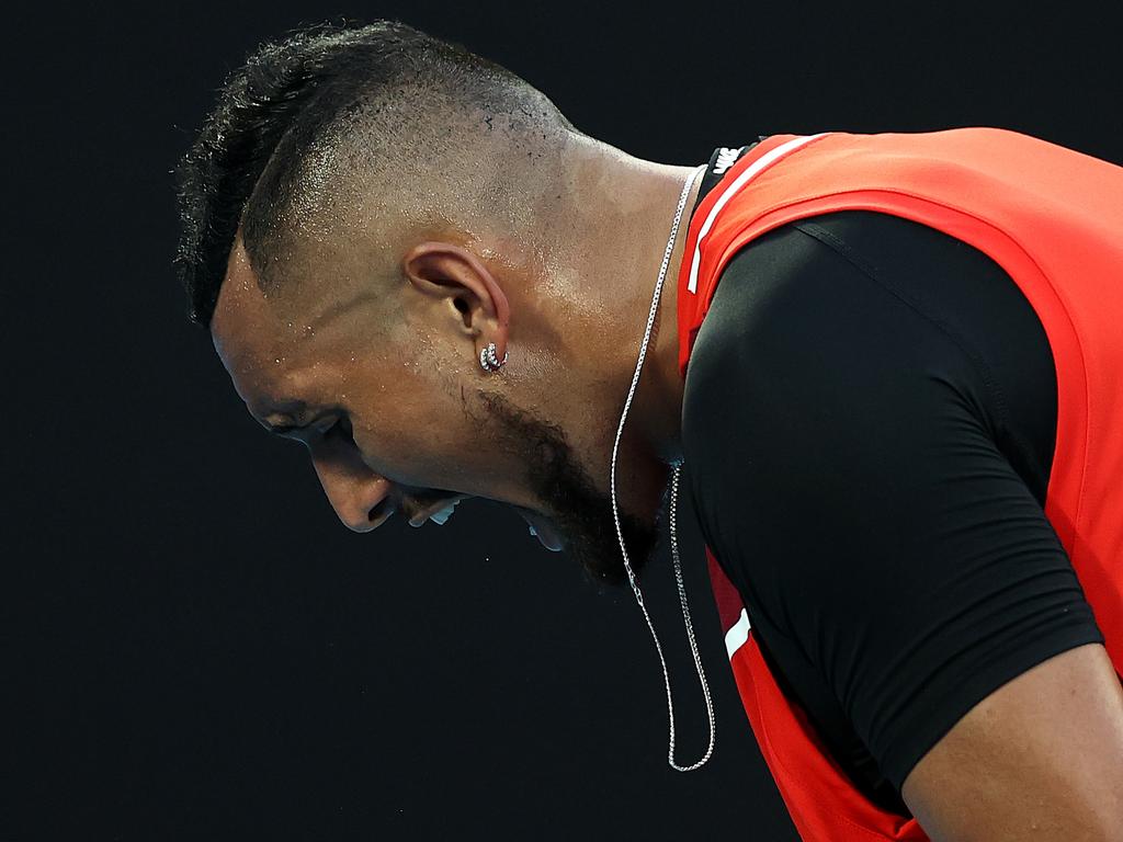 Nick Kyrgios toughed out a high quality, and loud, match against world No.2 Daniil Medvedev on Rod Laver Arena in the second round of the 2022 Australian Open. Picture: Cameron Spencer/Getty Images