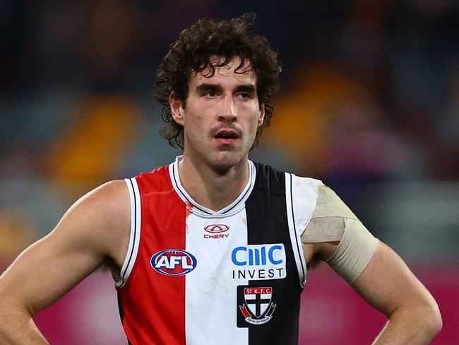 BRISBANE, AUSTRALIA - JUNE 14: Max King of the Saints looks on after the round 14 AFL match between Brisbane Lions and St Kilda Saints at The Gabba, on June 14, 2024, in Brisbane, Australia. (Photo by Chris Hyde/AFL Photos/via Getty Images)