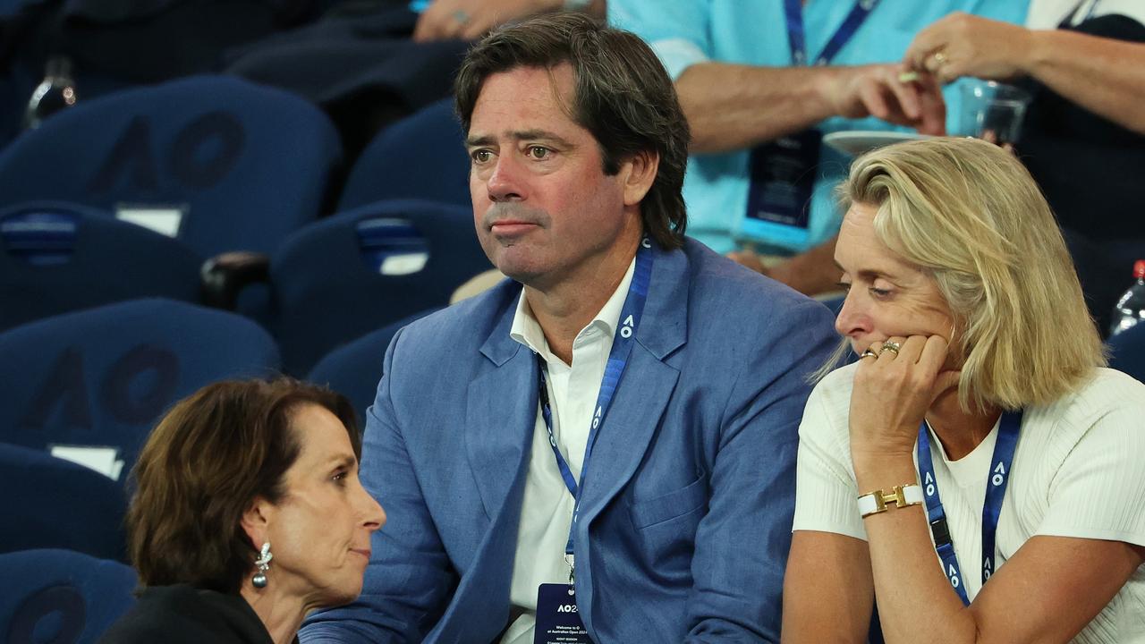 MELBOURNE, AUSTRALIA - JANUARY 24: Former AFL CEO Gillon McLachlan looks on during the quarterfinal singles match between Alexander Zverev of Germany and Carlos Alcaraz of Spain during the 2024 Australian Open at Melbourne Park on January 24, 2024 in Melbourne, Australia. (Photo by Cameron Spencer/Getty Images)