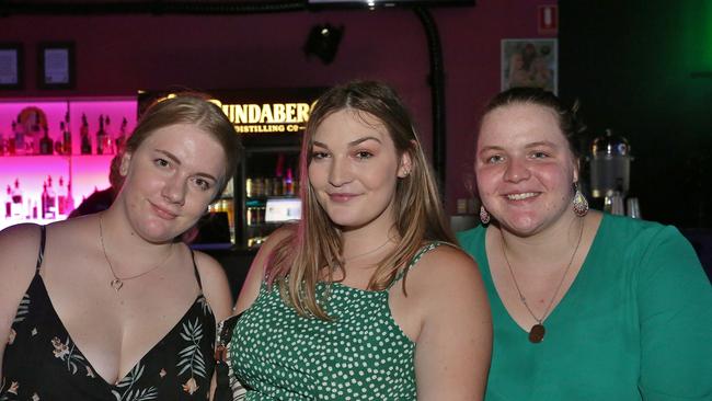 L-R Maddie Sims, Shauna Quinn and Kahlia Watts at Zodiac Nightclub. Photo Liam Fahey / Morning Bulletin