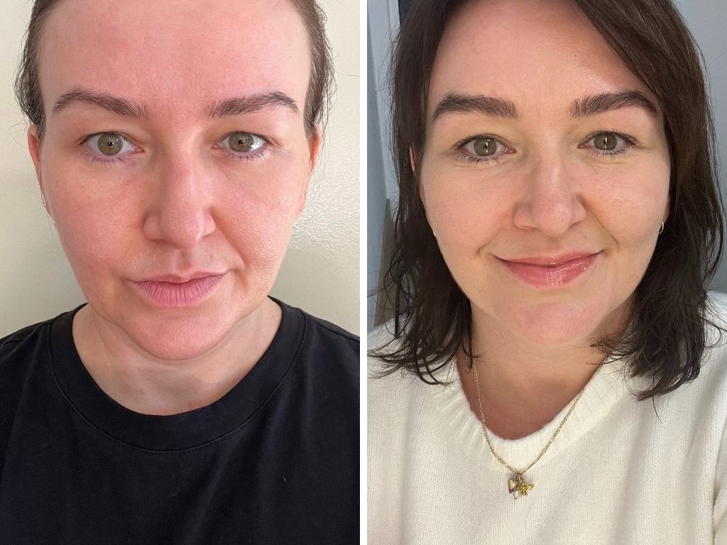 Before and after: week one versus week six of using BodyBlendz Lash &amp; Brow Oil. Picture: Kara Byers/news.com.au