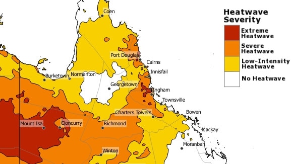 The Bureau of Meteorology’s three-day heatwave warning for Queensland, with the North-West and Hinchinbrook in the firing line for extreme conditions. Picture: BOM