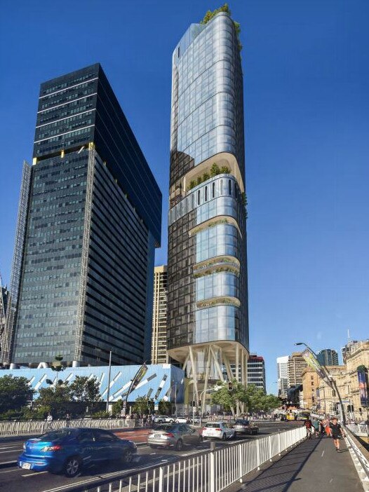 Brisbane Square Tower to the right and an artists’ impression of Charter Hall’s 36-storey tower that was knocked back by the Brisbane City Council.