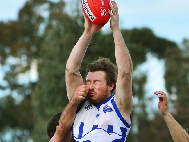 RDFL footy: Sunbury Kangaroos V Rockbank. Mitchell Streiff marks for Sunbury.