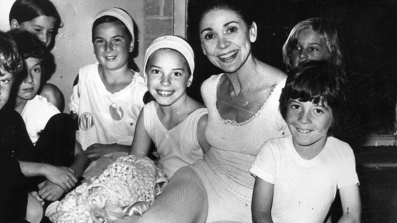 British ballerina Dame Margot Fonteyn with young co-stars from The Nutcracker, which was staged at the Palais Theatre in 1974. Picture: Herald Sun Feature Service, Melbourne.