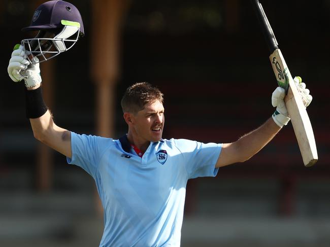 SYDNEY, AUSTRALIA - FEBRUARY 16: Daniel Hughes of New South Wales celebrates and acknowledges the crowd after scoring a century during the Marsh One Day Cup match between New South Wales and Tasmania at North Sydney Oval, on February 16, 2023, in Sydney, Australia. (Photo by Matt King/Getty Images)