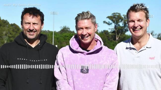 Australian cricket captain, Michael Clarke, gestures to a Louis Vuitton  cricket trunk in Sydney on Tuesday, Oct. 16, 2012. The trunk was designed  in collaboration with Clarke and will be auctioned with