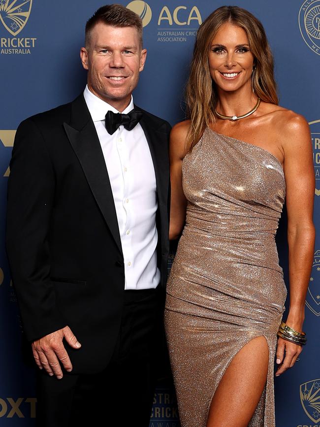 David and wife Candice Warner at the 2023 Australian Cricket Awards at Royal Randwick Racecourse in January. Picture: Brendon Thorne/Getty Images