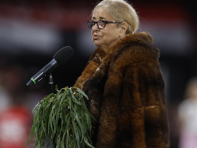 MELBOURNE, AUSTRALIA - MARCH 19: Senior Wurundjeri elder  Aunty Joy Murphy Wandin of the Kulin Nation delivers a Welcome to Country before the round one AFL match between St Kilda Saints and Fremantle Dockers at Marvel Stadium, on March 19, 2023, in Melbourne, Australia. (Photo by Darrian Traynor/Getty Images)