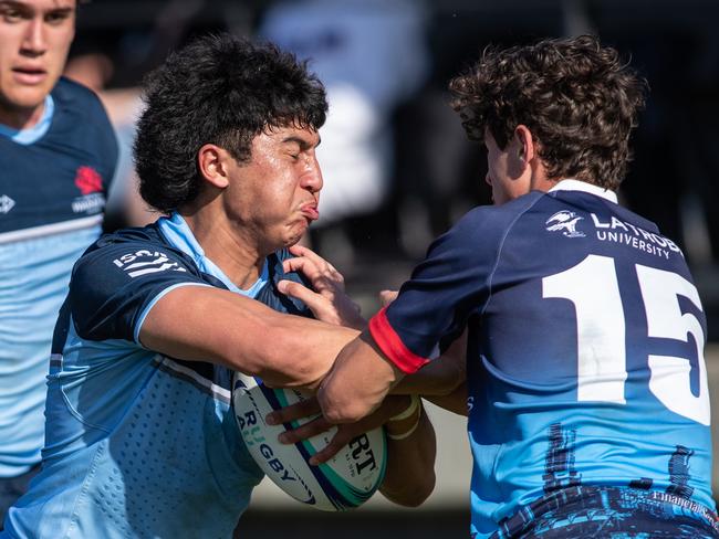 20th September 2022. News Local. SportDaceyville, Sydney, NSW, Australia.Pics by Julian Andrews.Rugby Union Action from the NSW Waratahs Under 18 team v Melbourne Rebels.Picture shows:WaratahÃs player(s): Ronan Leahy on his way to scoring try by beatingRebels player(s): Hugo Peel