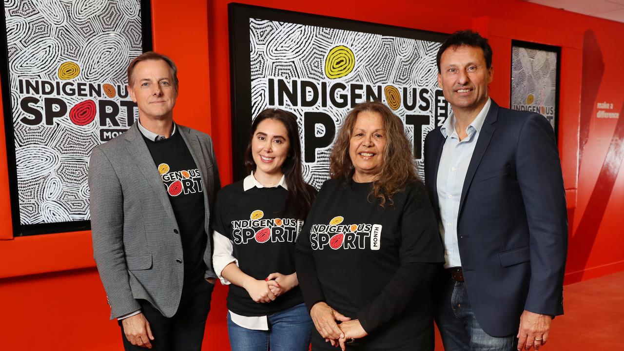 Mark Reinke, Fatima Kdouh, Anne Weldon and Laurie Daley at the Indigenous Sport Month launch in Sydney. Picture: Richard Dobson