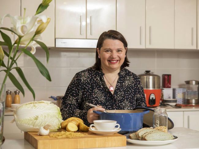 The Joyful Frugalista Serina Bird making soup at home in Canberra. Picture: Sean Davey