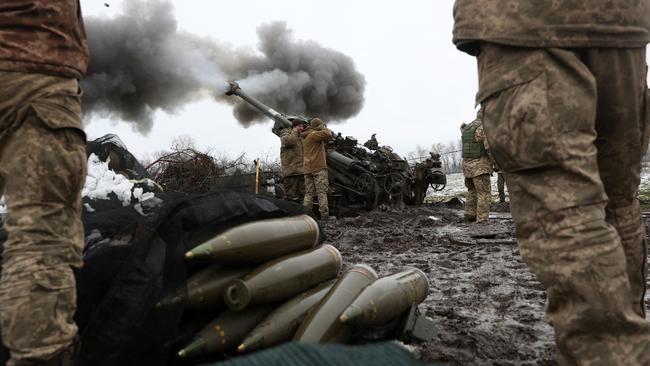 Ukrainian artillerymen fire a M777 howitzer towards Russian positions on the frontline of eastern Ukraine amid the Russian invasion of Ukraine. Picture: AFP