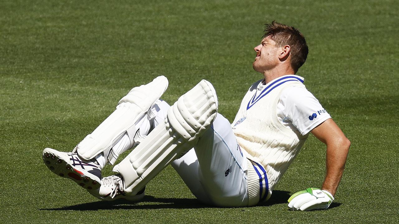 Daniel Hughes reacts after being struck by James Pattinson. Picture: Daniel Pockett/Getty Images