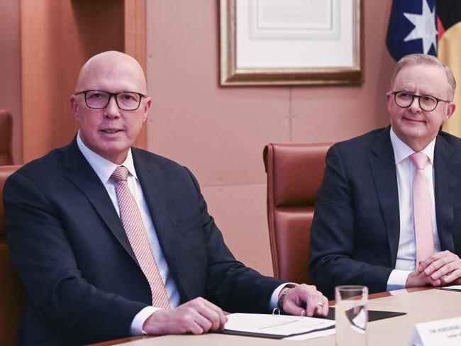 CANBERRA, Australia - NewsWire Photos - July 2, 2024: Leader of the Opposition Peter Dutton and Prime Minister Anthony Albanese meet at one of the Commonwealth's oldest enduring Committees, the little known Historic Memorials Committee at Parliament House in Canberra. Picture: NewsWire / Martin Ollman