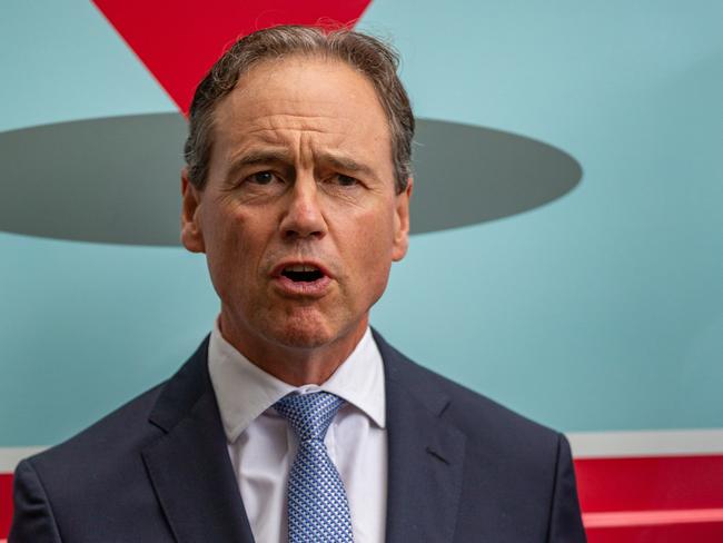 Health Minister Greg Hunt addresses the media in Parramatta. Picture: NCA NewsWire / Christian Gilles