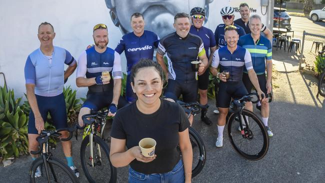 KOM Coffee owner Fernanda Gomez sees quite a few cyclists come in for a coffee and is a dedicated cyclist cafe. With cyclists Richard Staunton, Mark Kingsland and Mat Brumfitt. Picture: Roy VanDerVegt