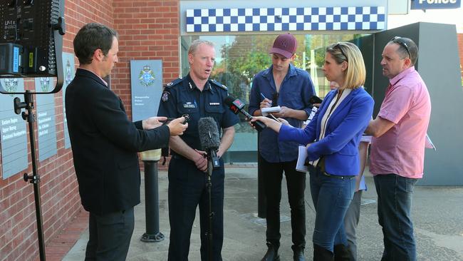 Assistant Commissioner Rick Nugent holds a press conference outside the Wangaratta Police Station. Picture:Ian Currie