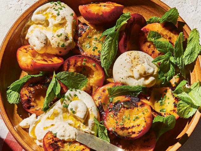 EMBARGO FOR TWAM, 15 FEBRUARY 2025. Grilled peach salad with burrata and green peppercorns from Salad for Days by Alice Zaslavsky, photography by Rochelle Eagle. Murdoch Books RRP $45.00.