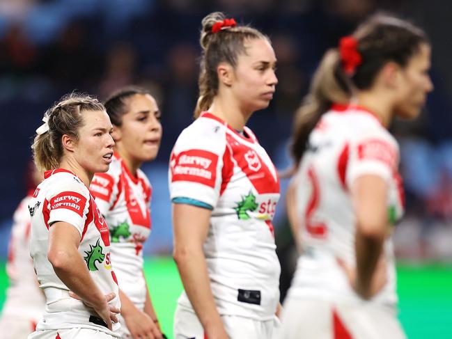 SYDNEY, AUSTRALIA - SEPTEMBER 02: Emma Tonegato of the Dragons watches on during the round three NRLW match between Sydney Roosters and St George Illawarra Dragons at Allianz Stadium, on September 02, 2022, in Sydney, Australia. (Photo by Mark Kolbe/Getty Images)