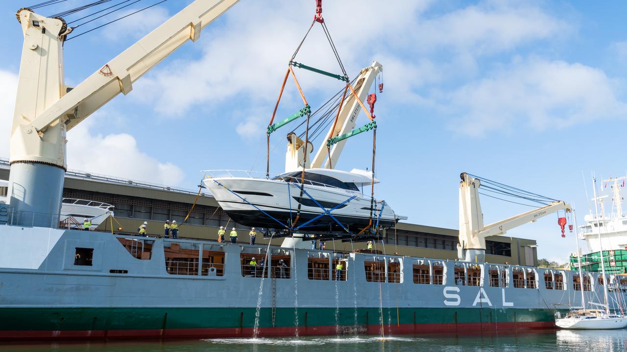 Maritimo M55 being loaded for shipment to the US.