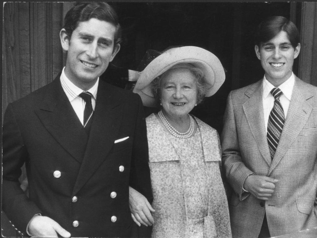 King Charles, left, with Prince Andrew, right, and the Queen’s mother at Royal Lodge, Windsor, in 1975. Picture: Camera Press Agency