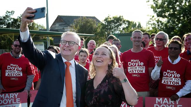 Anthony Albanese with Labor’s candidate for Aston, Mary Doyle, at the Bayswater Bowls Club in the lead-up to the by-election. Picture: Luis Ascui/NCA NewsWire