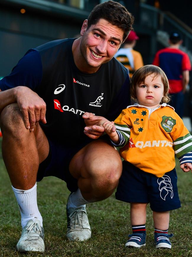 Rob Simmons with son Billy. Picture: Stu Walmsley, Rugby Australia