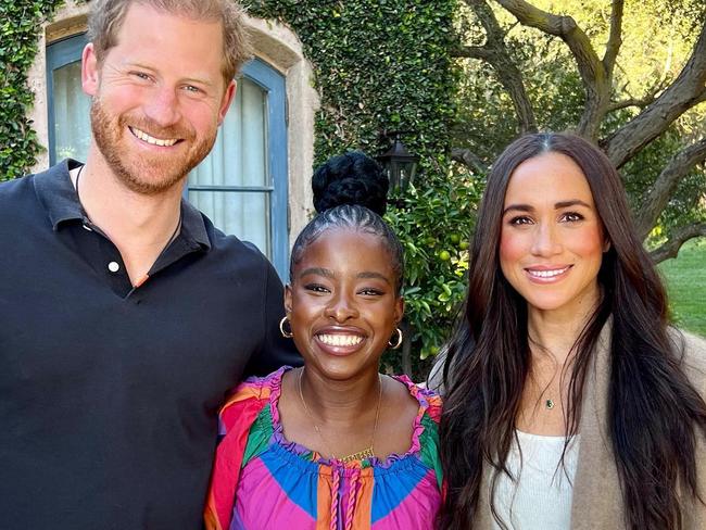 Amanda Gorman with Prince Harry and Meghan Markle in a post to Instagram:  "Beyond thrilled to have had the honor of speaking with The Duchess on her podcast, Archetypes, where I spoke on the power that women possess as changemakers. Thank you so much for having me!" Picture: Instagram