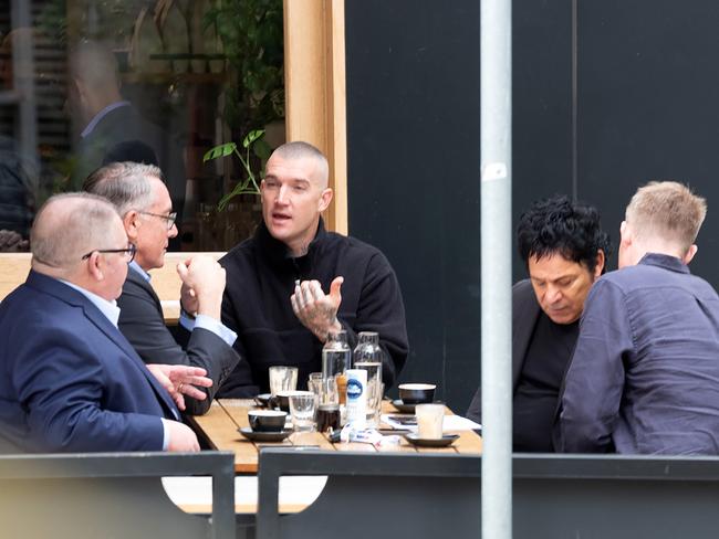 Dustin Martin and his manager Ralph Carr meets with Foxtel boss Patrick Delany, Fox Sports managing director Steve Crawley and Fox Footy commentator Jack Riewoldt. Picture: supplied