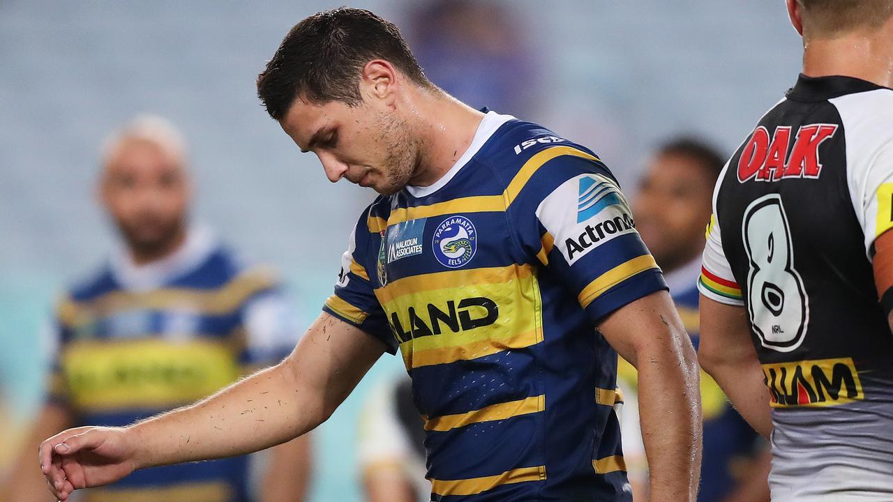 Parramatta's Mitchell Moses walks off the field after another loss.