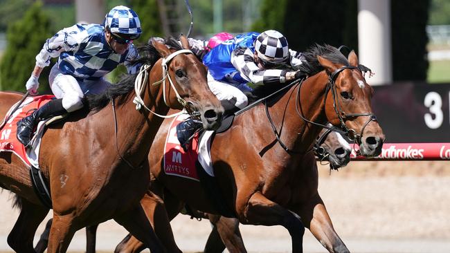 Imported gelding Kettle Hill (right) and Dylan Browne McMonagle drive home to score at The Valley on Saturday. Picture: Getty Images