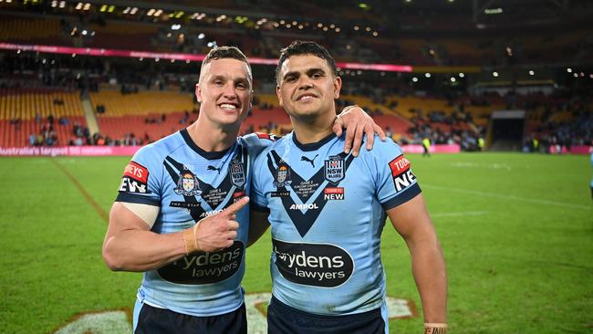 In a cheeky dig at the Roosters, Latrell Mitchell says he’d love to see Wighton at the Rabbitohs, but isn’t sure Souths could fit him in without a sombrero. Picture: NRL Images.