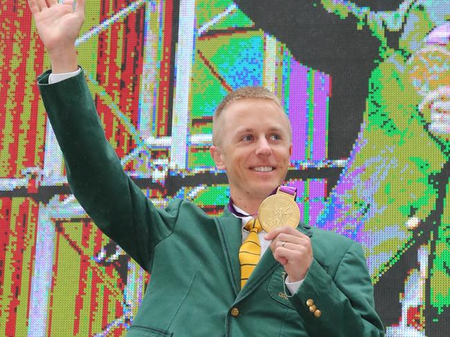 Jared Tallent's Gold Medal Presentation on the steps of Treasury buildings in Melbourne. Picture: Alex Coppel.