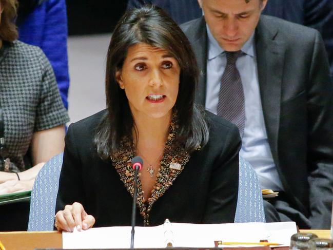 US Ambassador to the UN Nikki Haley speaks during a UN Security Council meeting over the situation in the Middle East on December 18, 2017, at UN Headquarters in New York.  The UN Security Council is to vote on a draft resolution rejecting US President Donald Trump's recognition of Jerusalem as the capital of Israel. / AFP PHOTO / KENA BETANCUR