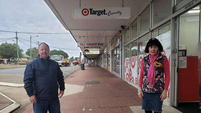 STANDING FIRM: Mayor Brett Otto and Councillor Kathy Duff at the Murgon Country Target. Murgon and Cherbourg depend on the Target Country store, says Cr Kathy Duff. PICTURE: Contributed