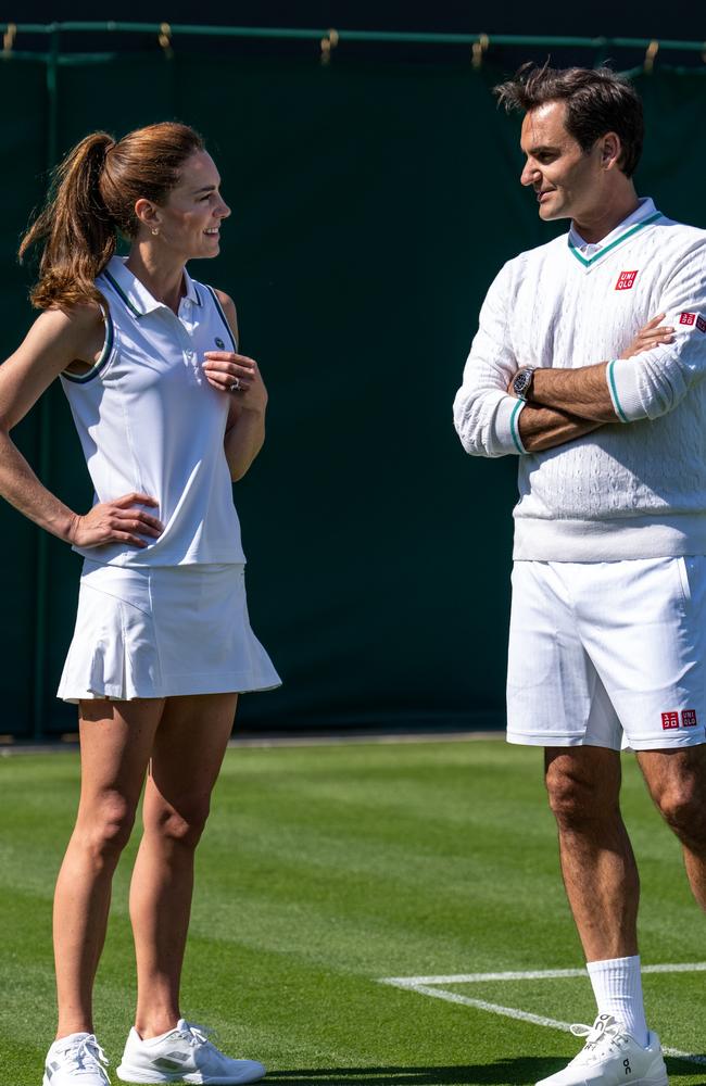 Catherine, Princess of Wales and Wimbledon champion Roger Federer talk tennis at the All England Lawn Tennis Club, Wimbledon. Picture: Thomas Lovelock - AELTC via Getty Images